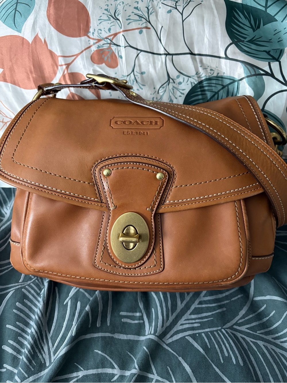 Coach Saddle Brown Leather Messenger with Brass Turn-Lock